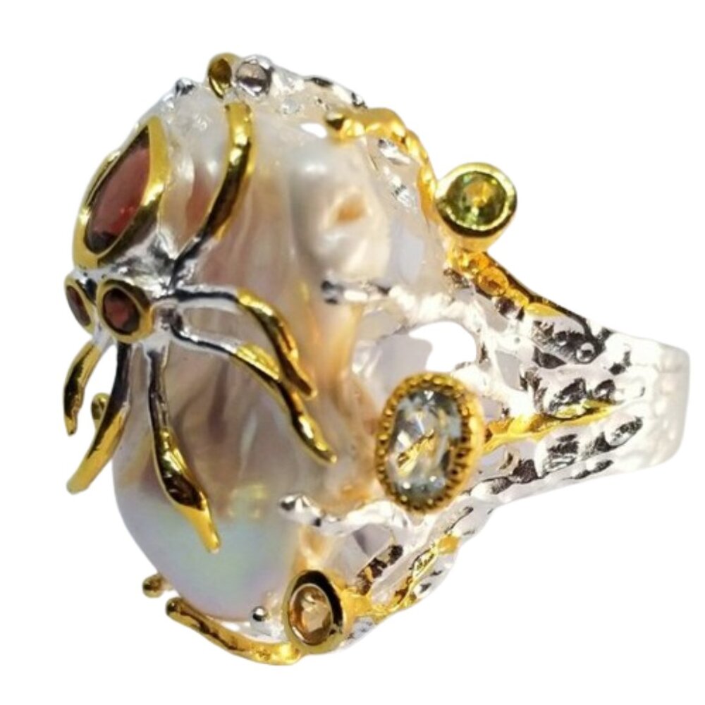 Baroque Pearl  Peridot Sapphire Octopus Ring 9